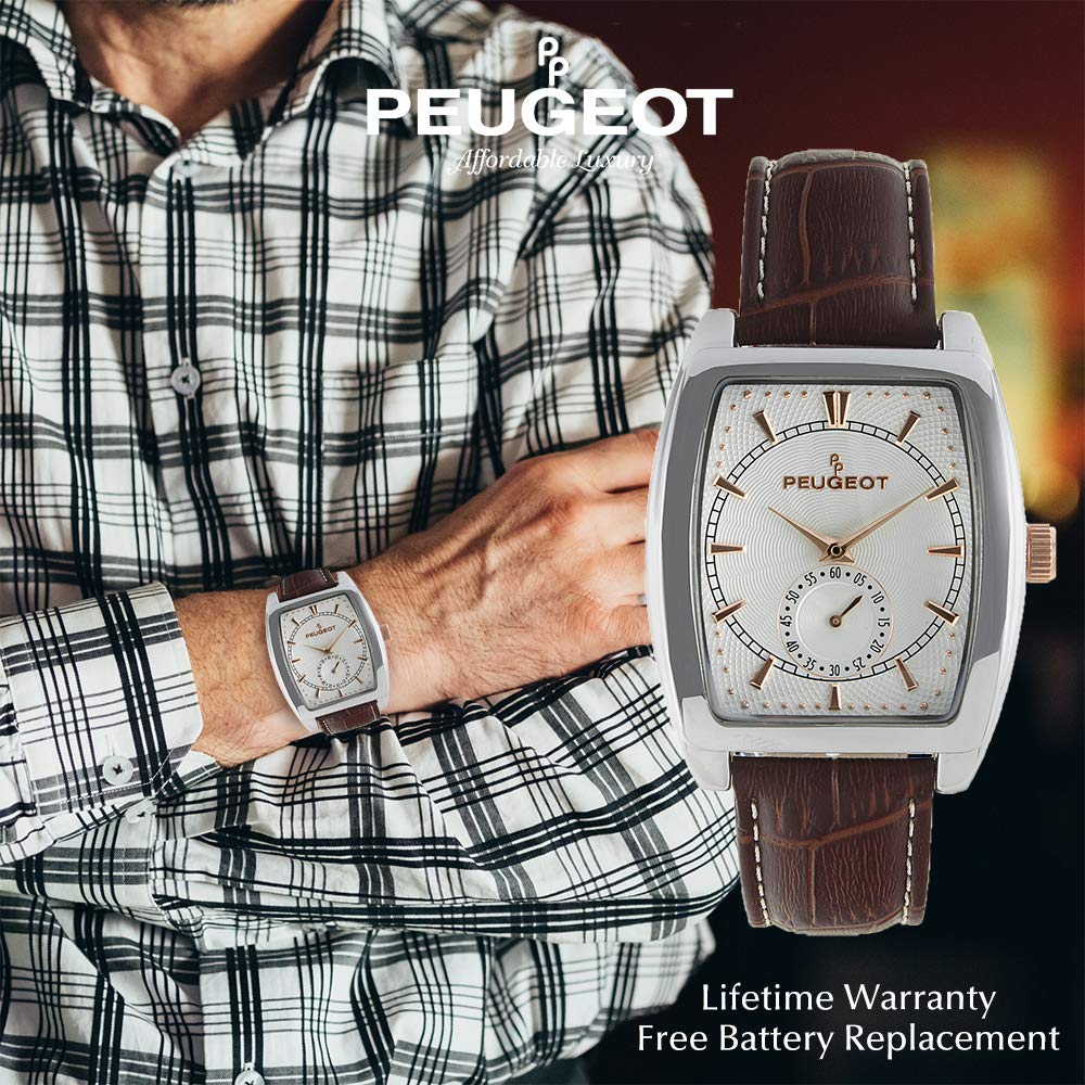 Peugeot Mens Rectangular Shape Wrist Watch with Remote Sweep Seconds Hand Dial & Matching Color Genuine Leather Strap Band