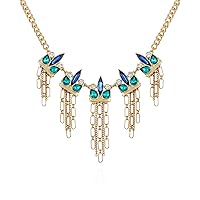GUESS Gold-Tone Statement Necklace with Blue Stones and Metal Chain Fringe