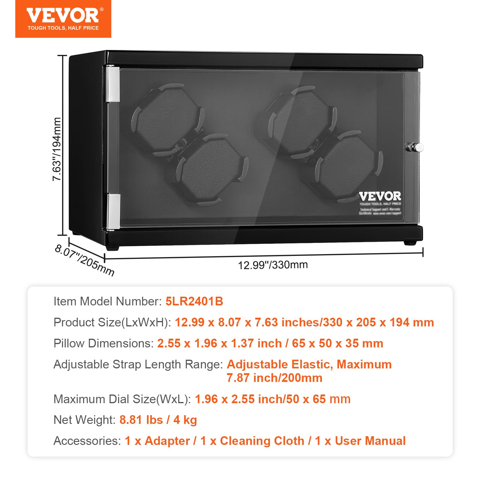 VEVOR Watch Winder, Rotating Watch Box for High-End Automatic Watches, 4 Watch Winder Case with Quiet Japanese Motors, LED Light, Adjustable Direction and Speed, Multi Modes