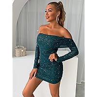 Women's Dresses Casual Wedding Off Shoulder Ruched Glitter Mesh Bodycon Dress Wedding Guest (Color : Teal Blue, Size : X-Small)