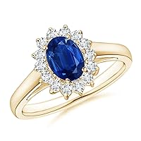7x5MM Oval Cut 1.12Ctw Blue Sapphire & CZ Diamond Inspired by Princess Diana's Beautiful Halo Cluster Engagement Ring 14K Yellow Gold Plated