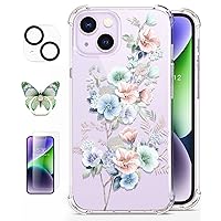 ROSEPARROT Designed for iPhone 14 Plus Case with Tempered Glass Screen Protector + Camera Lens Protector, Clear with Floral Pattern Design, Shockproof Protective Cover (Summer)