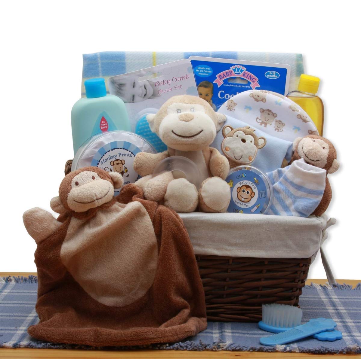 GBDS 890312-B A New Little Monkey New Baby Gift Basket - Blue