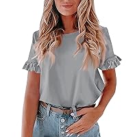 Womens Summer Tops 2024 Ruffle Short Sleeve Casual Fashion Crewneck T-Shirts Solid Color Tunic Blouses Shirts