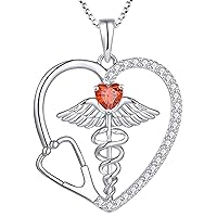 YL Caduceus Heart Necklace for Women Sterling Silver Doctor Nurse Themed Stethoscope Pendant Gemstones Angel Wings Snake Jewelry