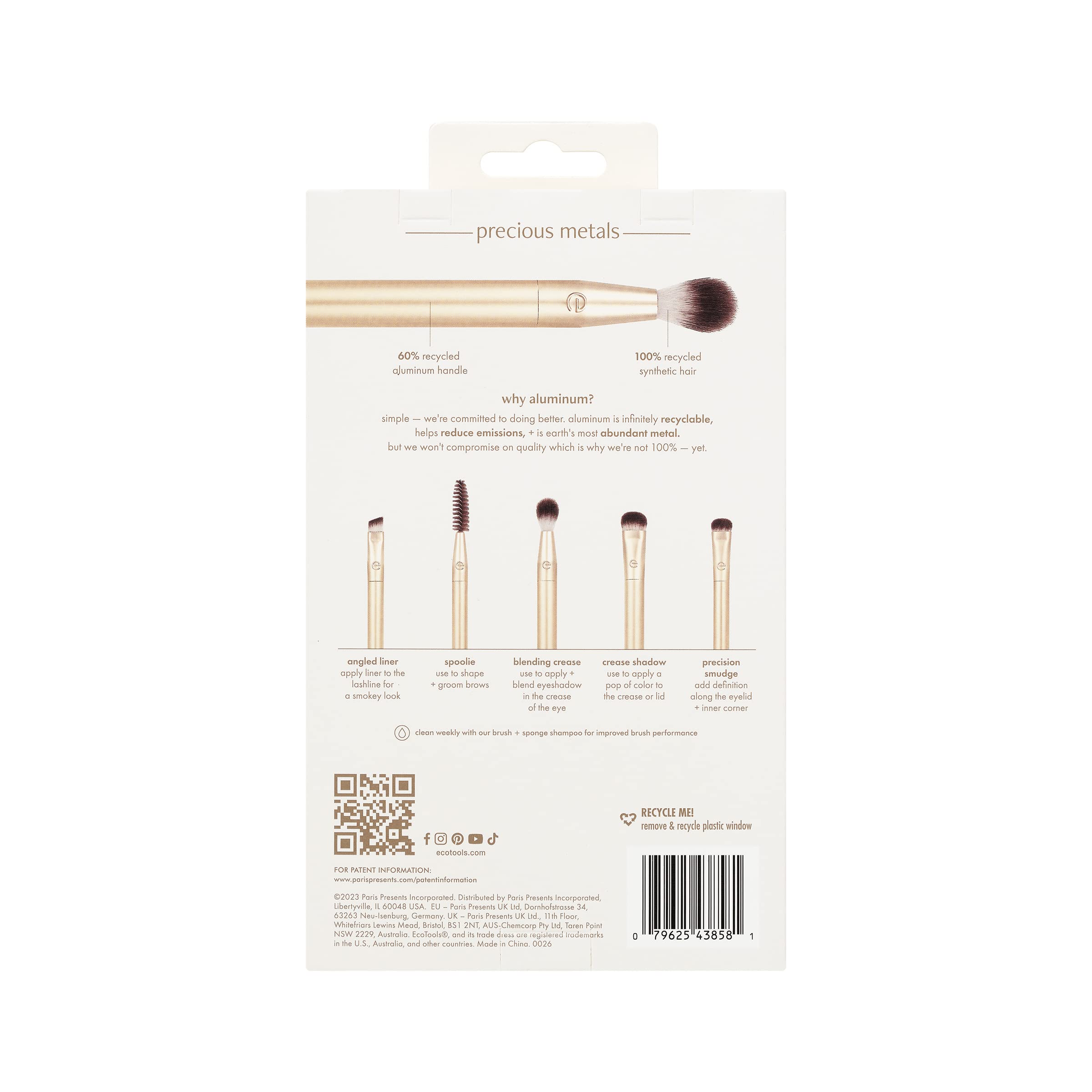 EcoTools Precious Metals Brightening Eye Kit, Precision Makeup Brushes For Eyeshadow, Brows, & Liner, Eco-friendly Makeup Brush Set, Sustainable Recycled Aluminum, Cruelty-Free, Chrome, 5 Piece Set