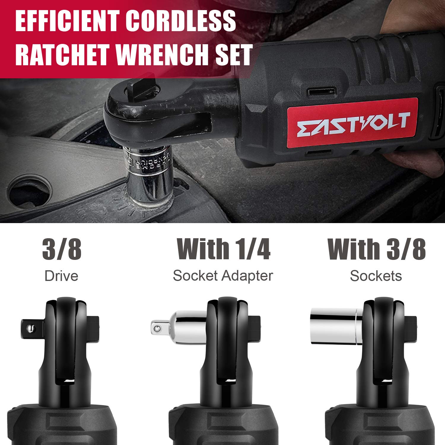 Eastvolt 12V Cordless Electric Ratchet Wrench Set, 3/8 Inch 35 Ft-lbs Power Wrench Tool Kit with Fast Charger, 2.0Ah Lithium-Ion Battery, 7-Pieces 3/8 Inch Metric Sockets and 1/4