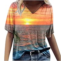 Womens Plus Size Summer Tops Hawaiian Palm Print Shirts Loose Fitted V Neck Tee Trendy Blouses Workout Beach Tunic