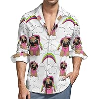 Pug Dressed in A Unicorn Costume Men's Button Down T Shirts Long Sleeve Casual Hawaiian Shirt Pocket Print Top