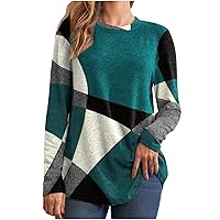 Womens Tops Fall Color Block Long Sleeve Shirts Casual Loose Fit Dressy Baggy Tunic Crewneck Pullover Plus Size