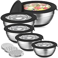 Mixing Bowls with Lid Set, Stainless Steel Mixing Bowls, Nesting Metal Bowls with 3 Grater Attachments & Non-Slip Bottoms for Mixing, Baking, Prepping Black