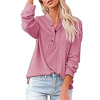 Button T-Shirt Solid Blouse Women Top Color Long V-Neck Casual Sleeve Women's Blouse