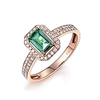 KnSam Women's Ring 18K Rose Gold 4 Prong Emerald Cut Green Emerald 0.75ct and 0.24ct Diamond Rose Gold