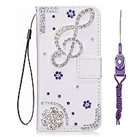 Sparkly Wallet Women Phone Case with Glass Screen Protector,Bling Diamonds Leather Folio Stand Wallet Phone Cover with Lanyards (Music Note Flowers,for Samsung Galaxy A01)