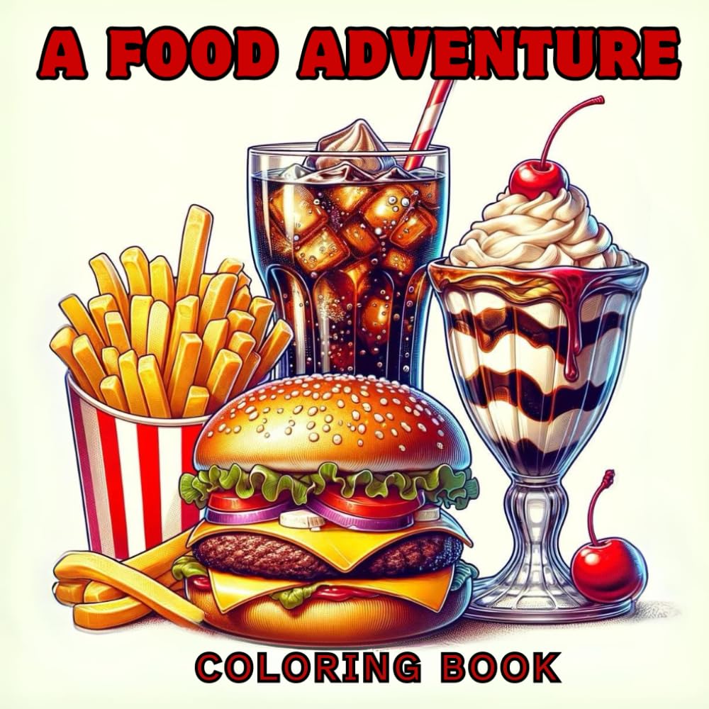 A Food Adventure: Coloring Book: 50 Bold and Easy Coloring Pages Suitable for Adults and Children