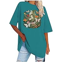 Womens Oversized T Shirts Butterfly Print Tops Loose Crewneck Short Sleeve Shirts Flower Graphic Tees Summer Blouses