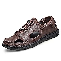 Men's Beach Sandals Literal Leather Moc Steel Toe Hand Stitching Perforated Hollow Out Hook Loop Elastic Locks No Tie Shoelaces Plane Shoes