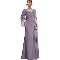 Women's Lace Mother of The Bride Dresses for Wedding Long Formal Dress with Cape Chiffon Ruched Evening Gown