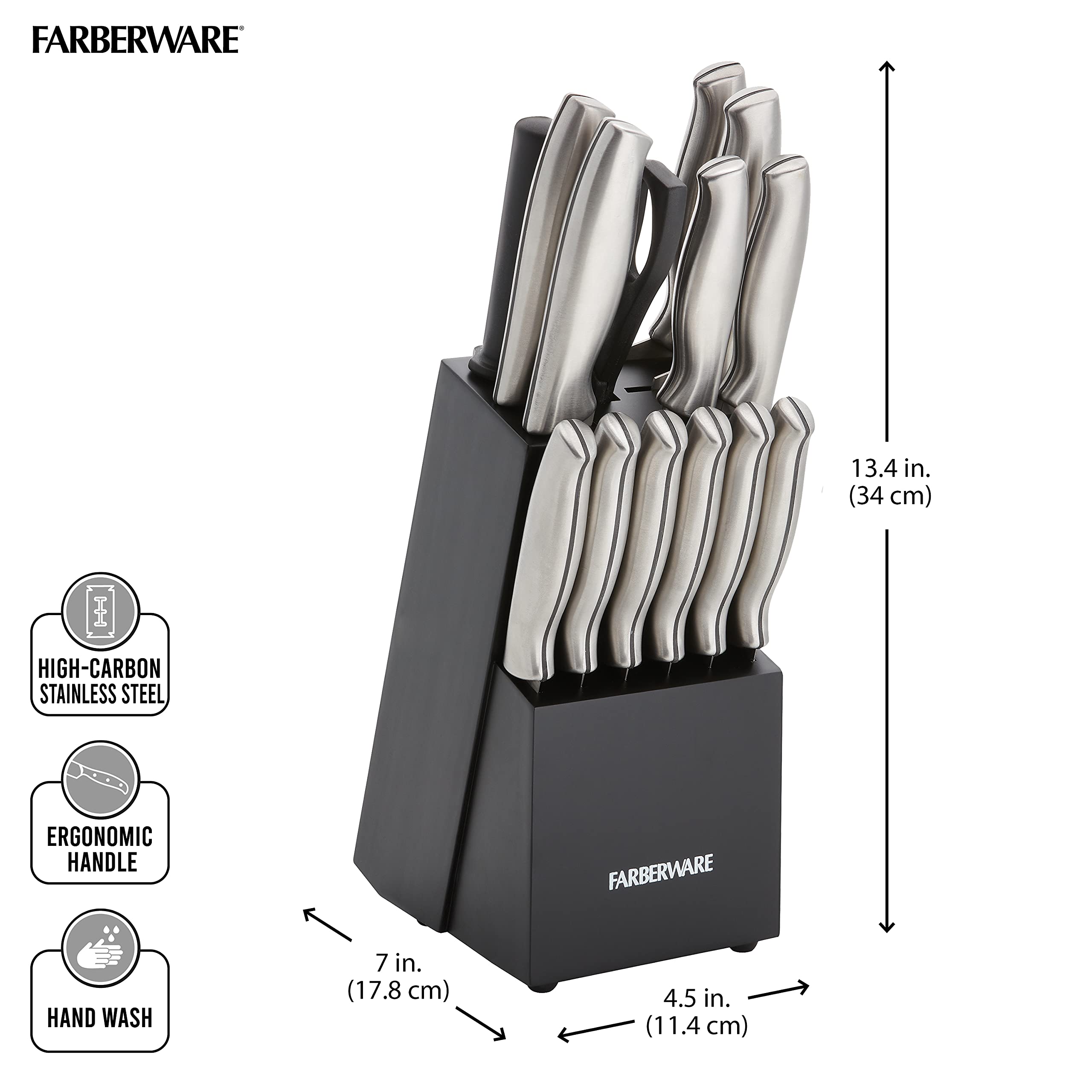 Farberware 15-Piece Stamped Stainless Steel Knife Block Set, High-Carbon Stainless Steel Kitchen Knife Set with Ergonomic Handles, Razor-Sharp Knives with Wood Block, 15-Piece, Black 2
