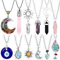 12 Pcs Crystal Pendant Necklaces, Healing Energy Hexagonal Gemstones Necklaces, Amethyst Rose Quartz Moon Sun Chakra Necklaces, Bohemian Retro Necklace Jewelry for Women Girls Gifts