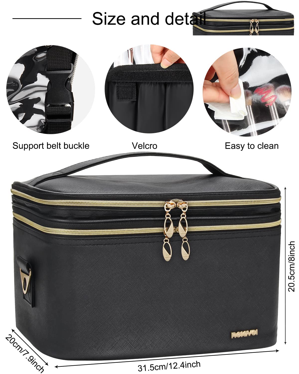 Relavel Makeup Bag Large, Professional Makeup Case Travel Cosmetic Bags Makeup Brush Holder Organizer, Storage Upright Design, Insulated Compartment, Waterproof PU Leather and Lining (Black)