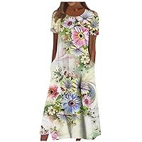 Bohemian Summer Midi Cover Up Women Short Sleeve Prom Graphic Cotton Crewneck Pocket Loose Fit Soft Pullover.