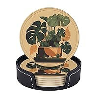 Drink Coasters with Metal Holder Leather Coasters for Drinks Gray Monstera Plant Round Coaster Set of 6 Tabletop Protection Cup Mat Pad for Coffee Table Heat Resistant Beverage Cup Mats 4 Inch