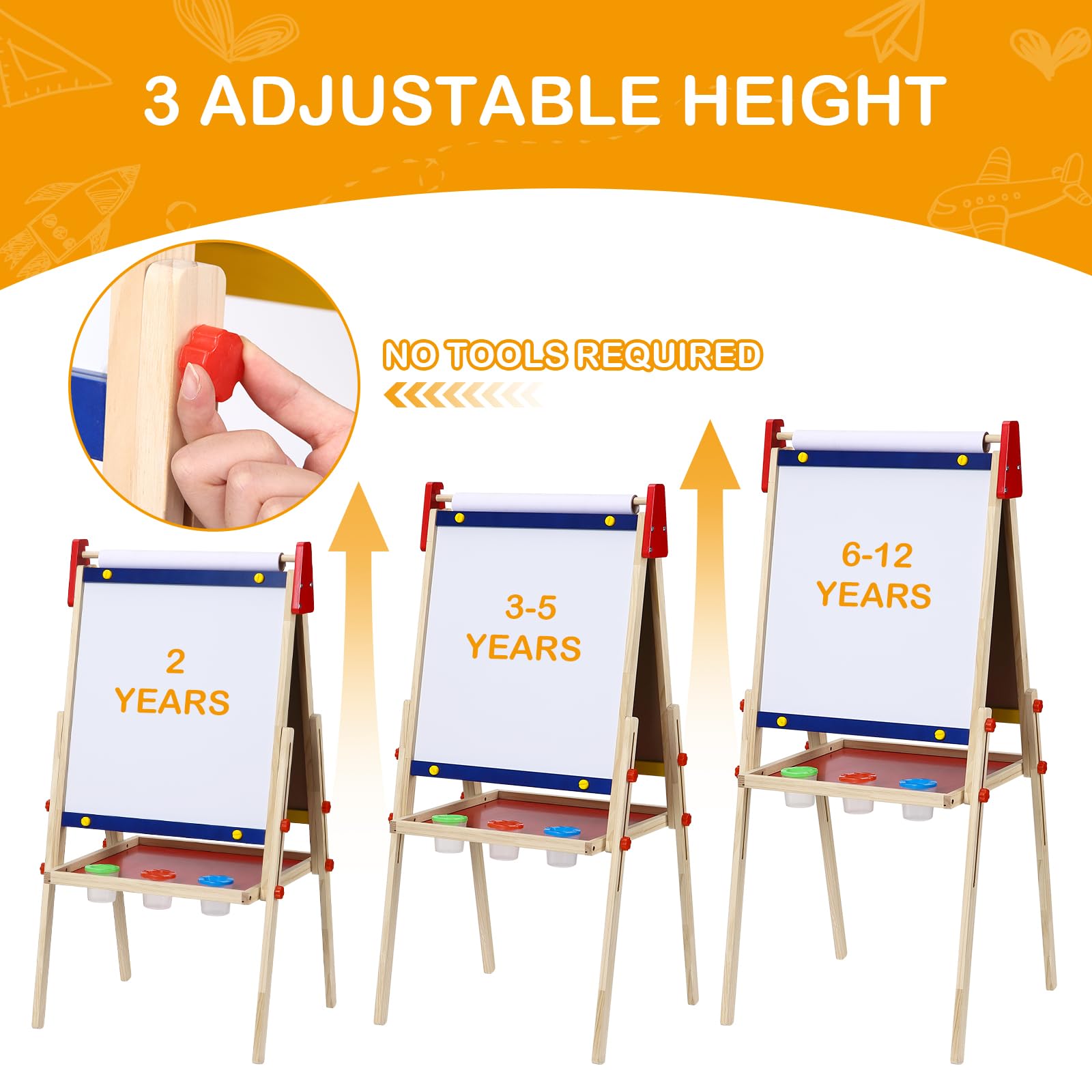 Kids Wooden Easel with Paper Roll,Adjustable Double Sided Wooden Kids Easel Drawing Board with Magnetic Chalkboard,Paint Art Set for Kids Toddlers 2-4 4-8 9-12