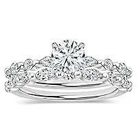 Round & Marquise Lab Grown White Diamond Solitaire Metal Beaded Bridal Ring Set for Her in 925 Sterling Silver