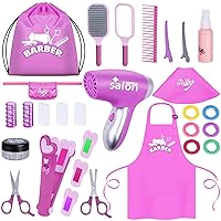 Gifts2U Hair Salon Toys for Girls, 26 Pcs Realistic Girl Beauty Salon Playset Hair Styling Set with Blow Dryer, Barber Costume Apron, Scissors and Stylist Accessories.