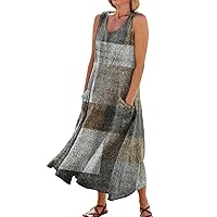 Dresses for Women 2024 Printed Swing Dress with Pocket Sleeveless Lightweight Dresses Casual Vacation Beach Dress