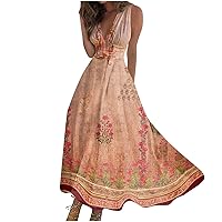 Long Maxi Dress for Women Summer Casual Sleeveless V Neck Boho Waist Retraction Printed Dress