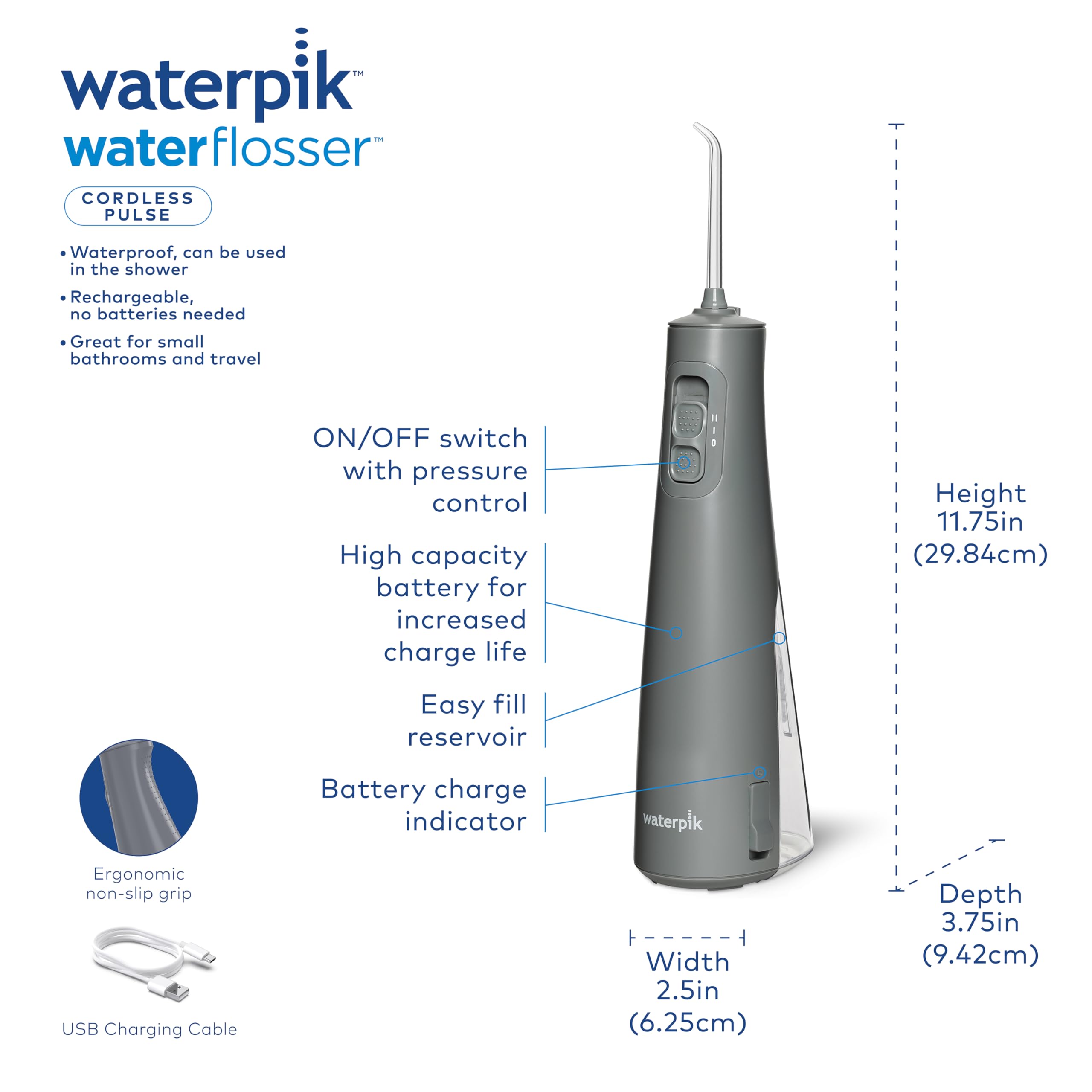 Waterpik Cordless Pulse Rechargeable Portable Water Flosser for Teeth, Gums, Braces Care and Travel with 2 Flossing Tips, Waterproof, ADA Accepted, WF-20 Gray