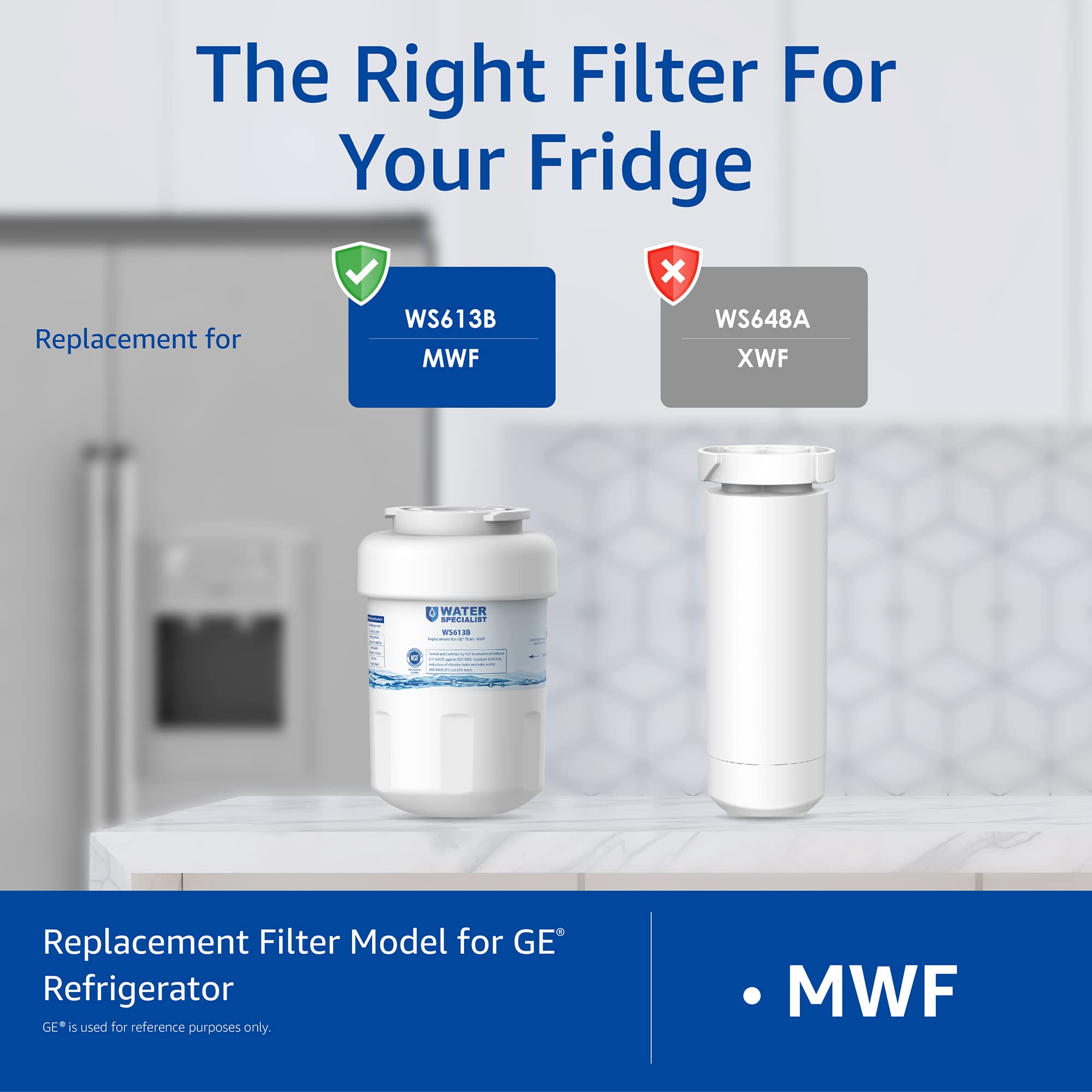 Waterspecialist MWF Refrigerator Water Filter Replacement for GE® MWF, SmartWater® MWFP, MWFA, GWF, HDX FMG-1, WFC1201, GSE25GSHECSS, PC75009, RWF1060, Kenmore® 9991, 3 Filters