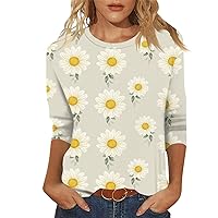 3/4 Sleeve T Shirts for Women O-Neck Sunflower Printed Tops Loose Fit Cute Blouses Comfy Trendy Shirts Casual T-Shirt
