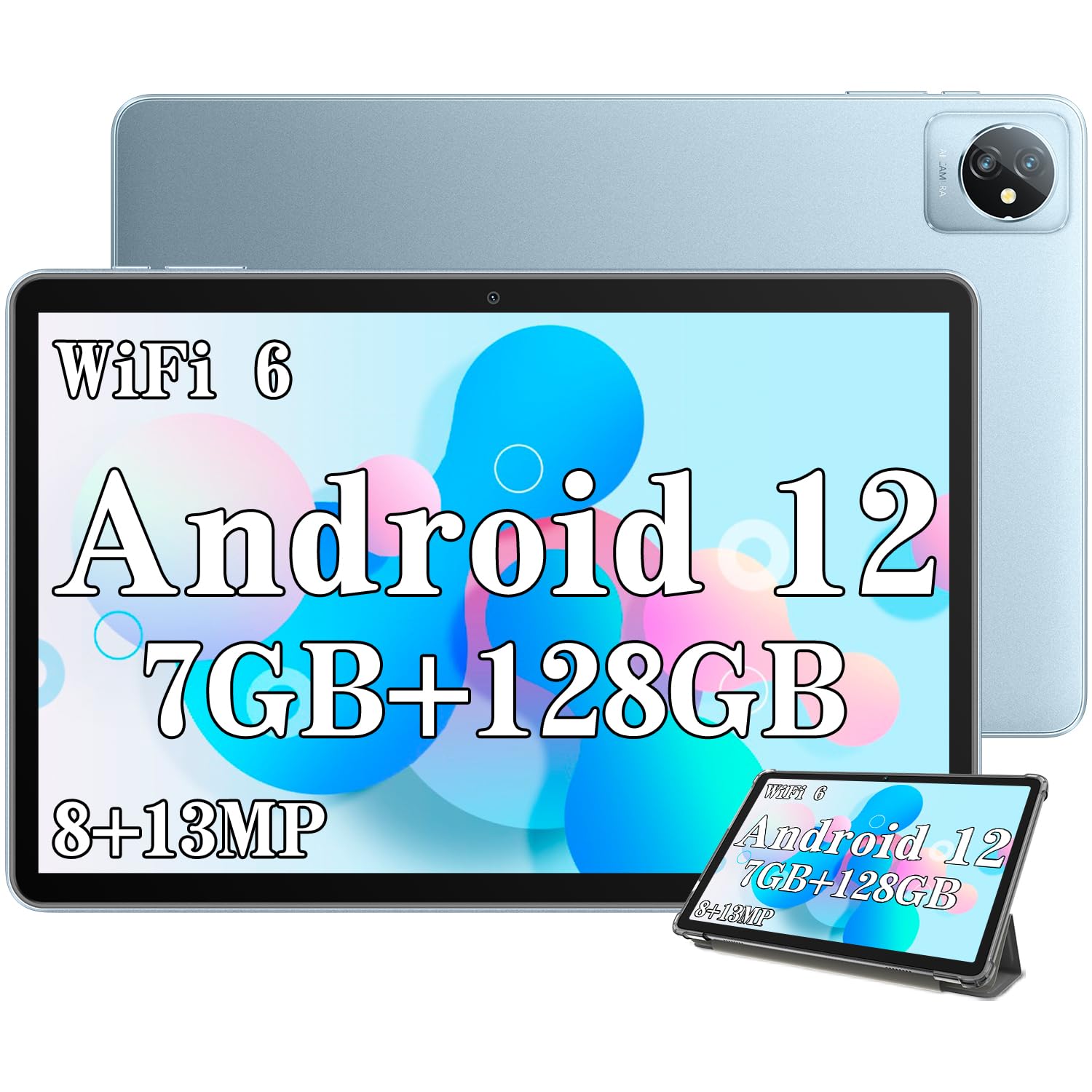Blackview 10.1 Inch Tablet Android 12 Tablets WiFi 6 7GB(4+3 Expand) RAM+128GB/1TB ROM Quad Core Processor 6580mAh 1280×800 HD+IPS Display 13MP+8MP Daul Camera BT 5.0 GMS Tab 8 WiFi Blue