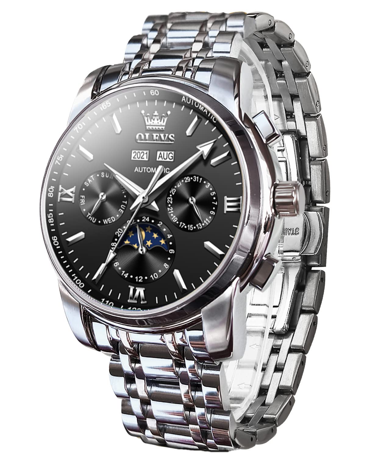 OLEVS Herren-Armbanduhr, automatisch, mechanisch, Tourbillon, selbstaufziehend, luxuriös, Edelstahl, wasserdicht, leuchtend, Datumsanzeige
