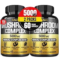 10 in 1 Mushroom Supplement Capsules 5000mg - 4 Month Supply -Blends with Lion's Mane, Cordyceps, Reishi, Chaga, Maitake, Shitake & Others - Body Health & Immune Support - 2 Packs 60 Capsules