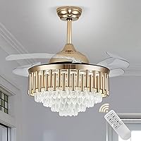 42 Inches Gold Invisible Crystal Ceiling Fan Chandelier, Modern Remote Control Crystal Ceiling Fan Lighting for Dinning Room Bedroom Living Room