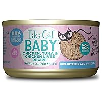 Tiki Cat Baby, Chicken Tuna & Chicken Liver Shreds, High-Protein and Flavorful, Wet Cat Food for Kittens 8 Weeks Plus, 2.4 oz. Cans (Pack of 12)