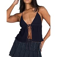 ISZPLUSH Women Sexy Halterneck Y2k Tops Slit Front Tie Crop Tops Sleeveless Spaghetti Strap Vests Slim Fit Strappy Tank Tops