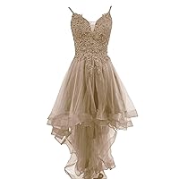 High Low Beaded Homecoming Dresses for Teens Sparkly Tulle V Neck Prom Party Dress Spaghetti Strap Sweet 16 Dress