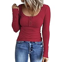 Kissfix Women's Long Sleeve Shirts Casual Fall Henley Top Button Down Blouses Basic Ribbed Knit T Shirts 2024
