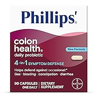 Phillips' Colon Health Daily Probiotic Capsules, 4-in-1 Symptom Defense to Help Defend Against Occasional Gas, Bloating, Constipation, and Diarrhea, Daily Supplement, 90 Count