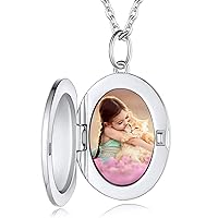 Custom4U Round/Oval Silver Locket Necklace that Holds Picture,Personalized Photo Medallion Pendant Gold 18k Plated 925 Sterling Silver + Chain 16