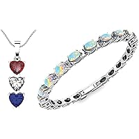 Silver Smile Set of 2 products | (1) Sterling Silver Three Stone Lab-Grown Ruby, White, Blue Heart Shaped Gemstone Pendant |(2) Gemstone Tennis Bracelet | Both comes in a Gift Box