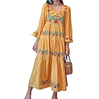 Women Layered Design Casual Dresses 3/4 Sleeves Square Collar Flower Embroidery Maxi Dress