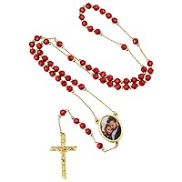 FindChic Stainless Steel Rosary Bead Necklaces Catholic Cross Pendant for Women Red/Blue Crystal Evil Eye Long Y Shape Necklaces, with Gift Box