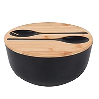 Large Salad Bowl with Lid, Bamboo Fiber Salad Serving Bowl Set with Utensils, 9.8inches Mixing Bowl with Servers, Solid Bamboo Wooden Bowl for Salad, Fruits, Vegetables and Pasta (Black)