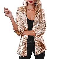 Women's Shiny Sequin Open Front Blazer Coat Lapel Long Sleeve Cardigan Jacket